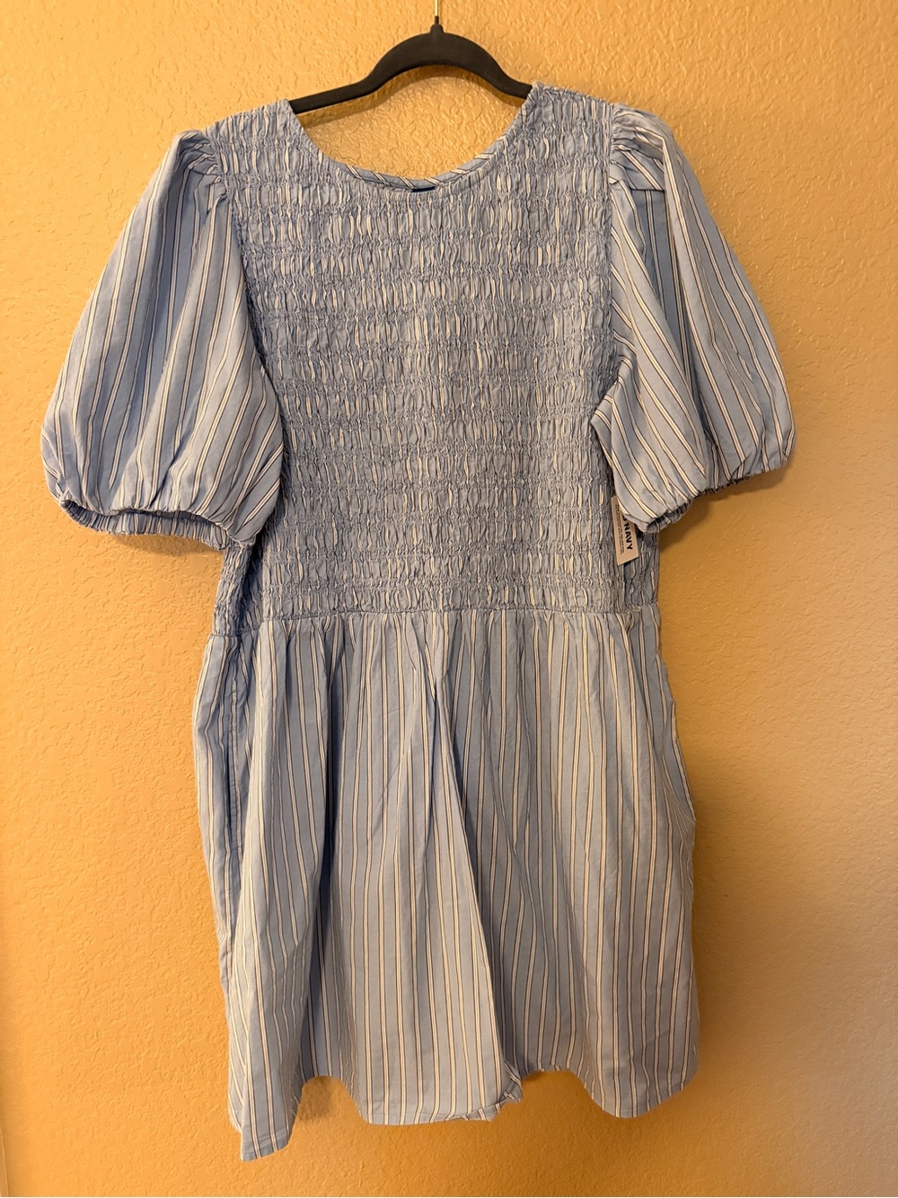 Old Navy Light Blue & White Striped Smocked Puff Sleeve Dress